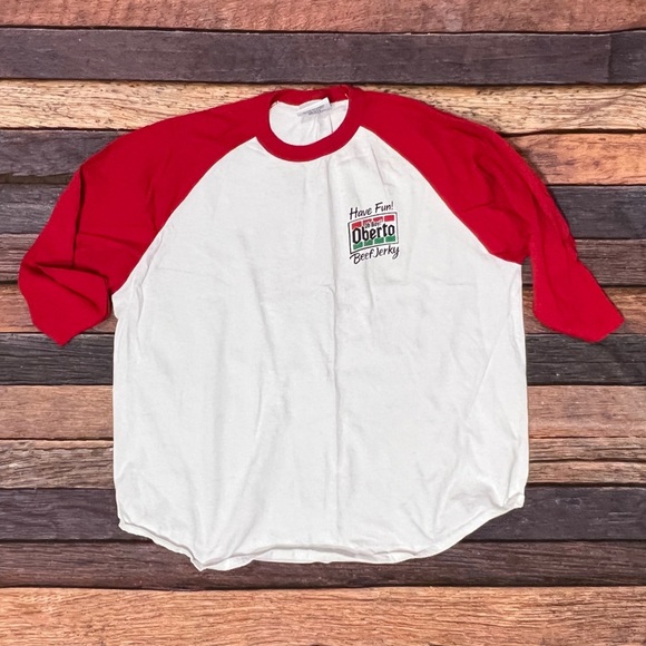 Oberto Beef Jerky Baseball Style 3/4 Sleeve Retro Crewneck Tshirt - Picture 1 of 5